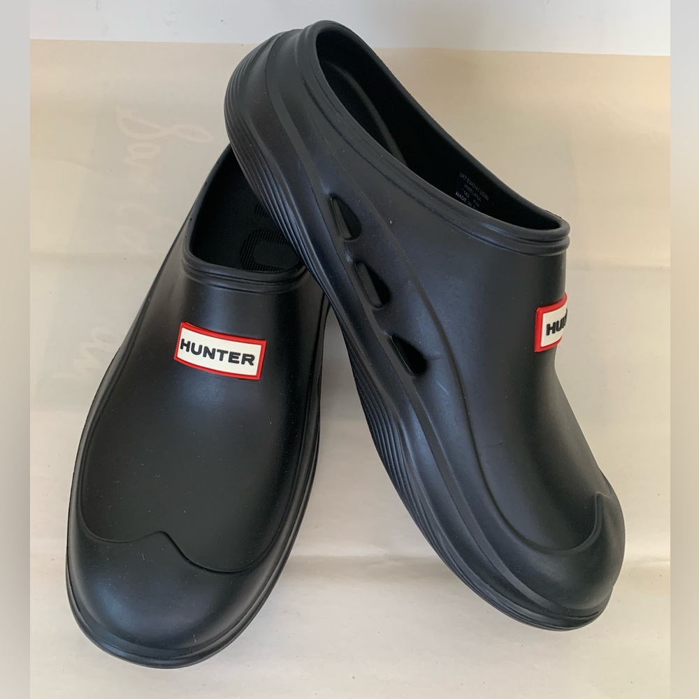 Hunter Black Slip-On Rubber Mules with Red Logo